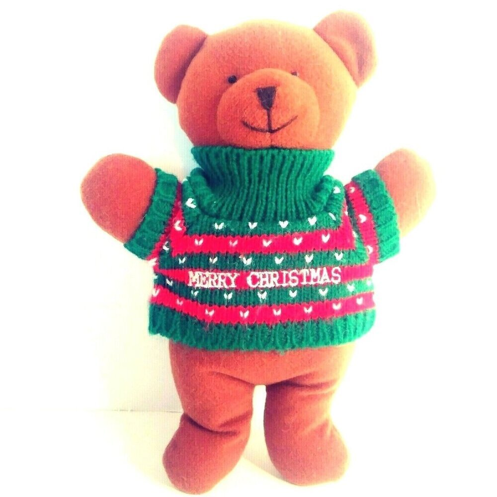 VINTAGE Soft Dreams Merry Christmas Bear 9" Baby Rattle Brown Sweater Red Green